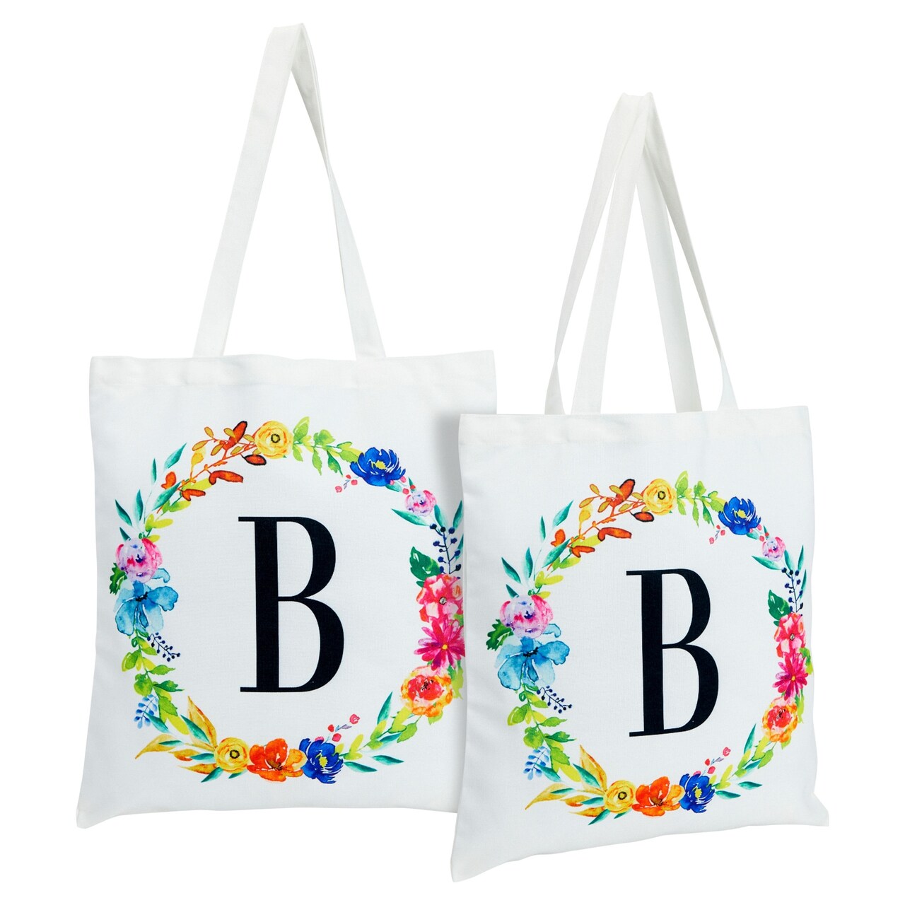 Set of 2 Reusable Monogram Letter B Personalized Canvas Tote Bags for Women, Floral Design (29 Inches)